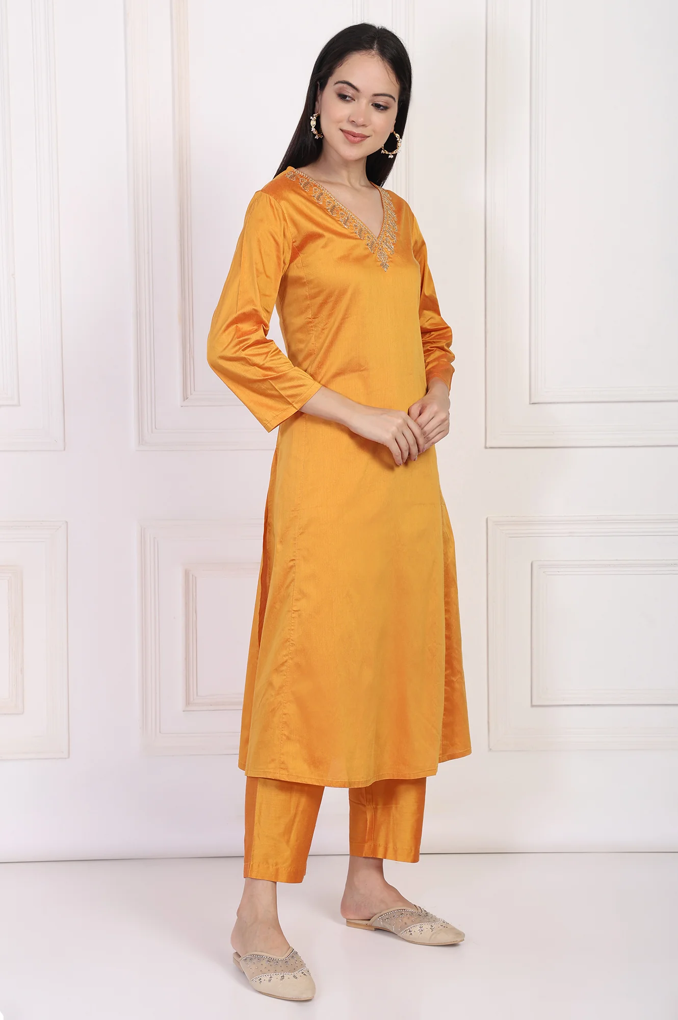 Orange Embroidered Flared Satin Kurta with Straight Pant Set - Image 6