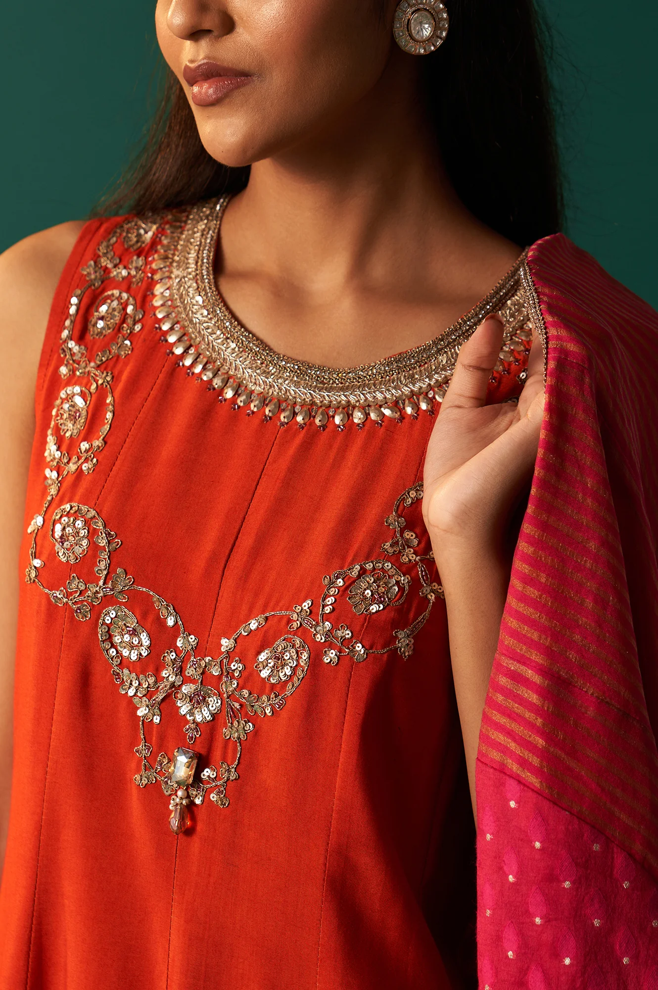 Orange Embroidered Flared Shantung Dress with Jacket Set - Image 2