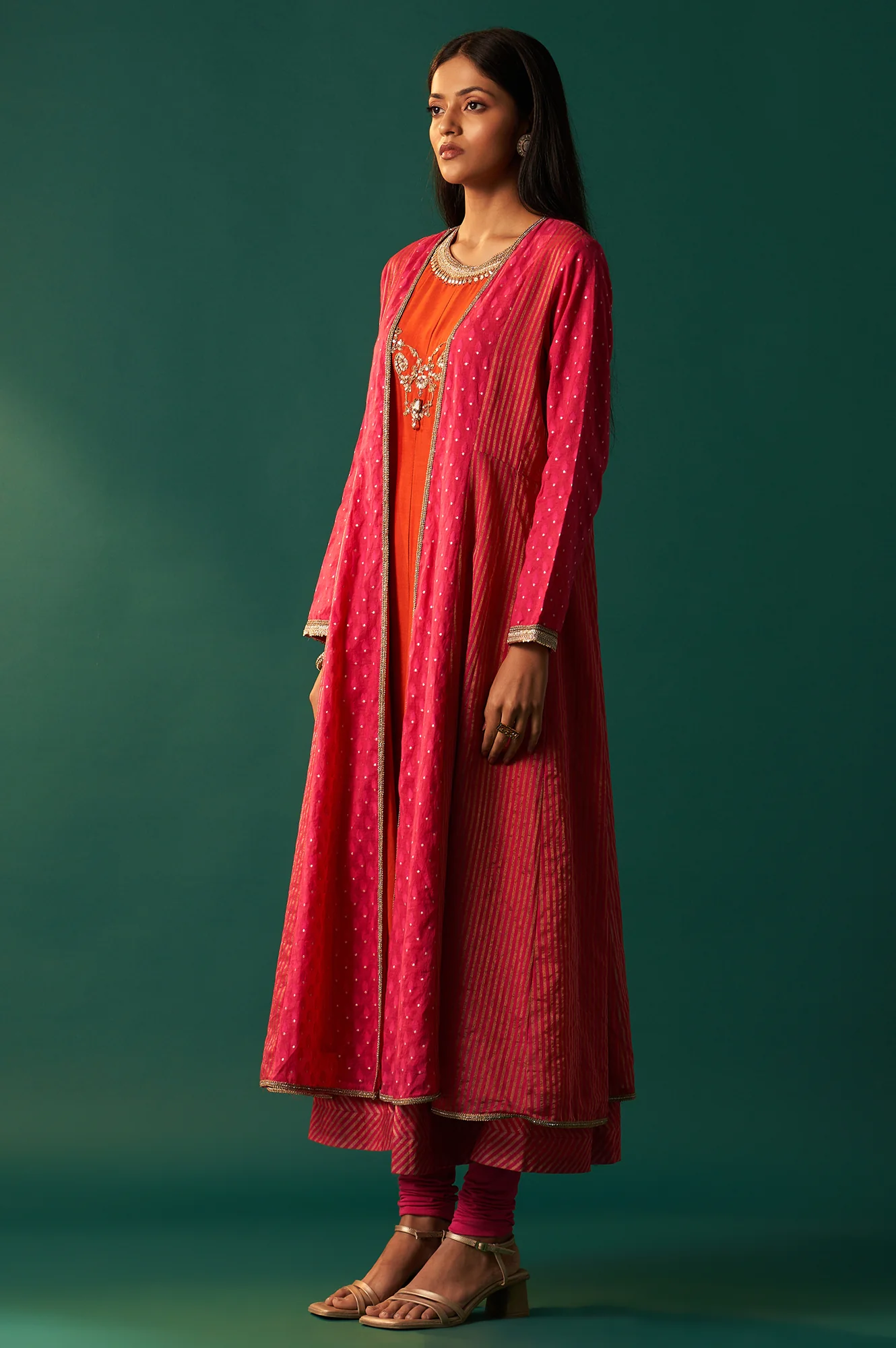 Orange Embroidered Flared Shantung Dress with Jacket Set - Image 3