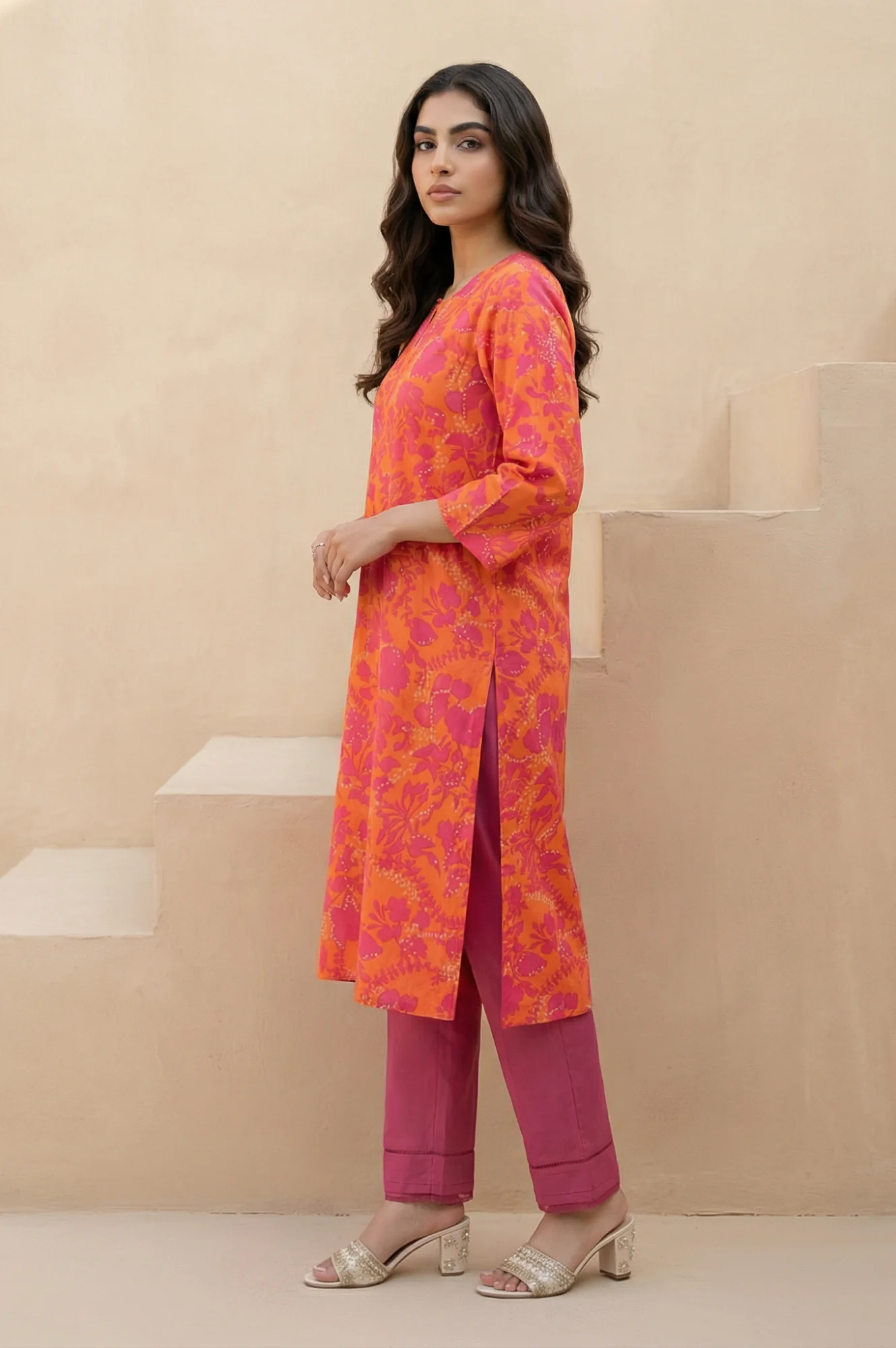 Orange Floral Printed Rayon Straight Kurta - Image 3