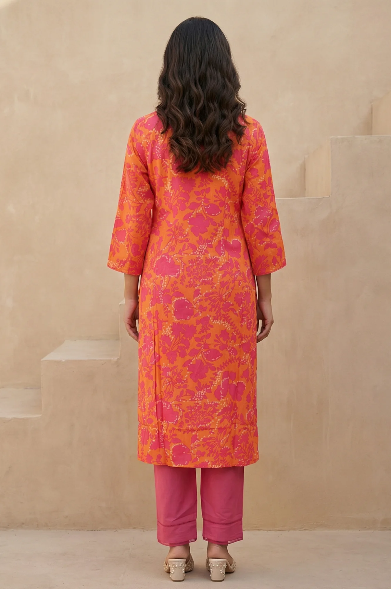 Orange Floral Printed Rayon Straight Kurta - Image 4