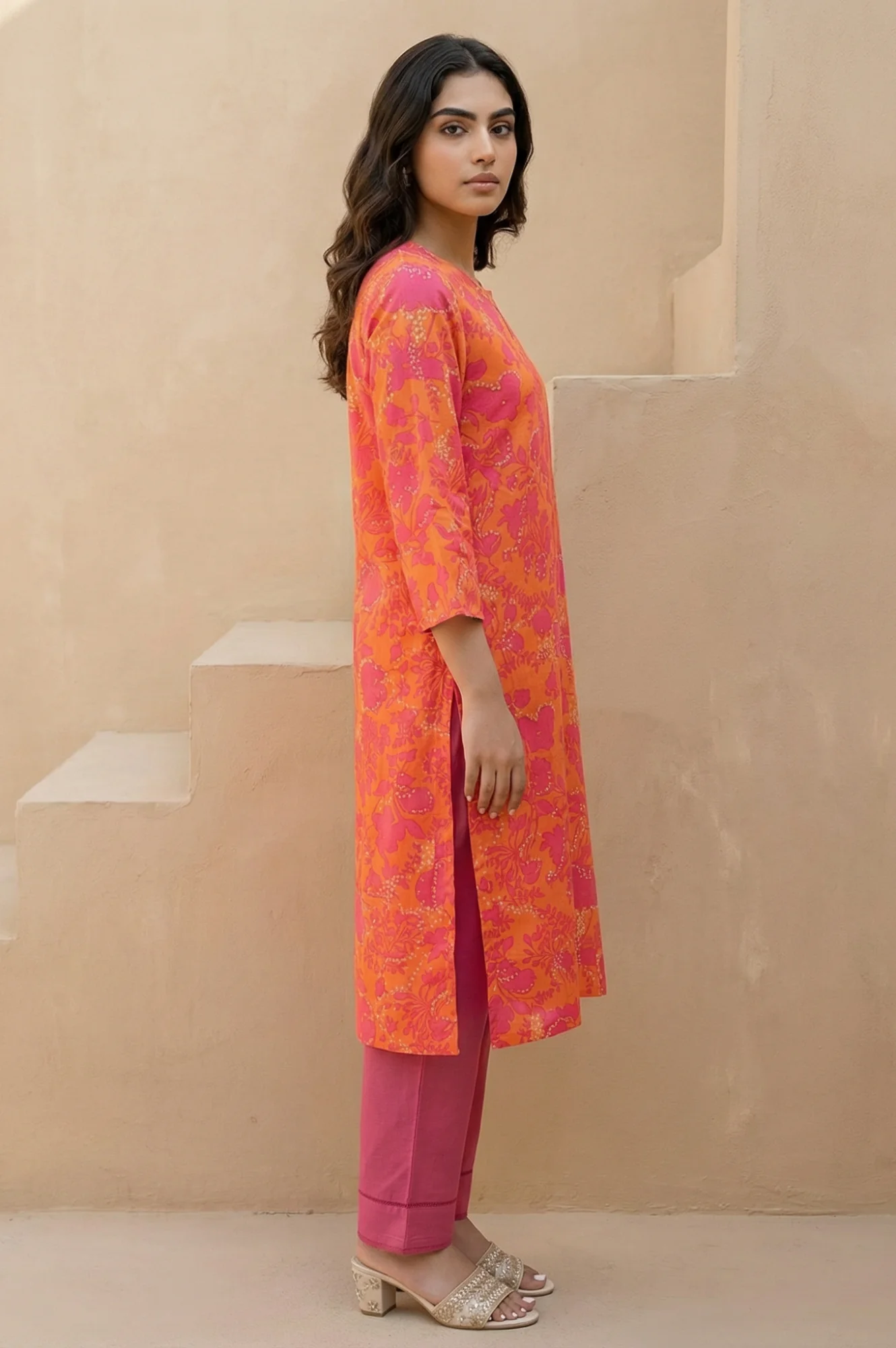 Orange Floral Printed Rayon Straight Kurta - Image 5