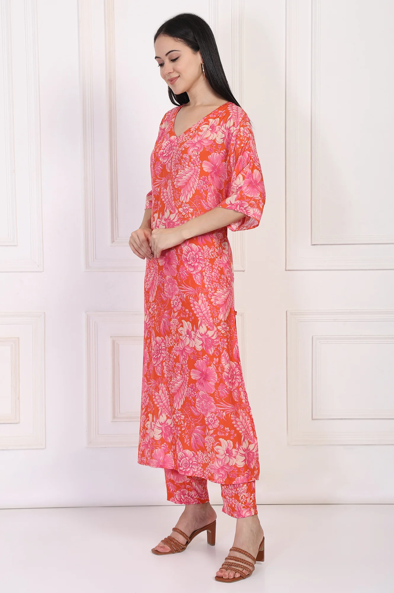 Orange Floral Printed Kaftan Modal Kurta with Pant - Image 4