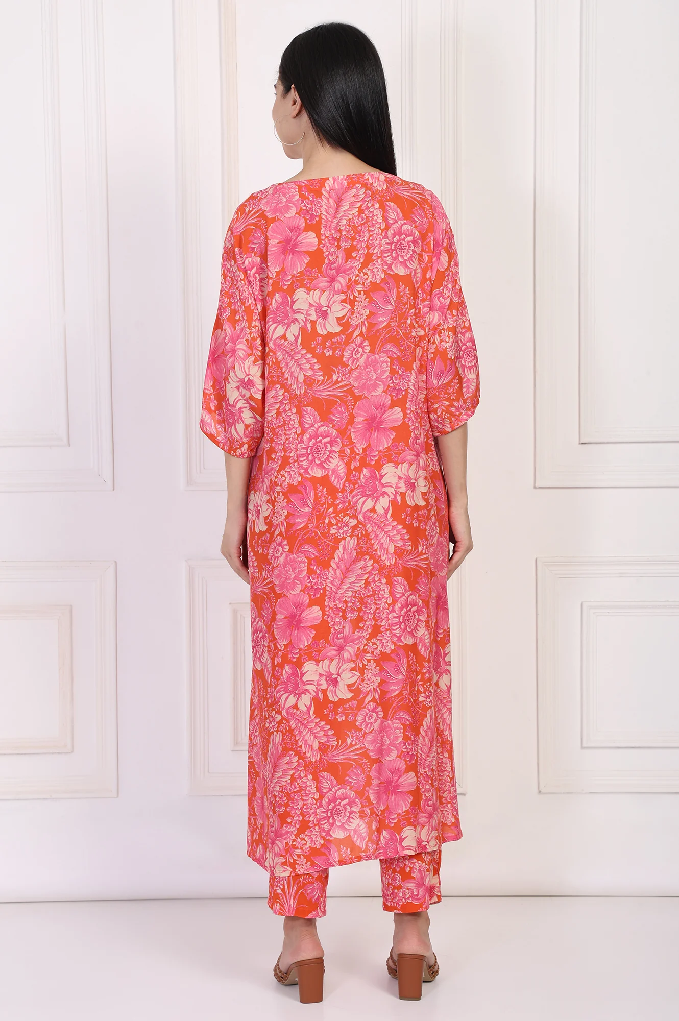 Orange Floral Printed Kaftan Modal Kurta with Pant - Image 5