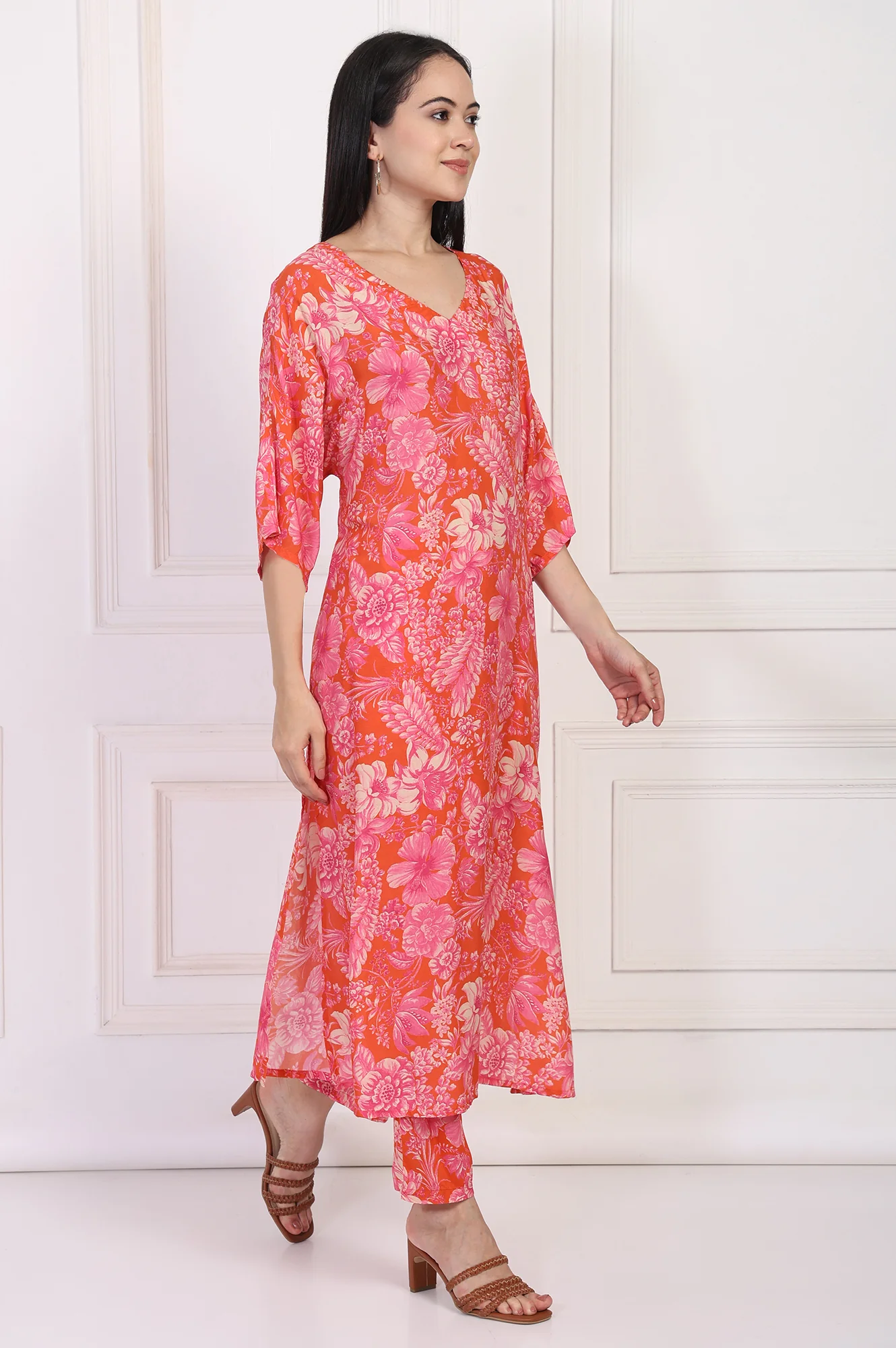 Orange Floral Printed Kaftan Modal Kurta with Pant - Image 6