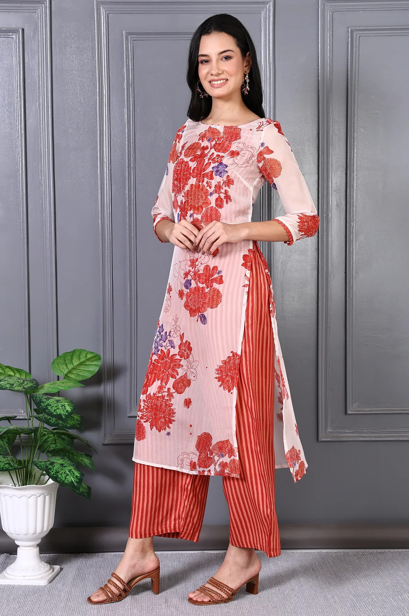 Orange Floral Printed Lace Organza A-line Sheer Kurta, Crop Top and Pants Set - Image 4