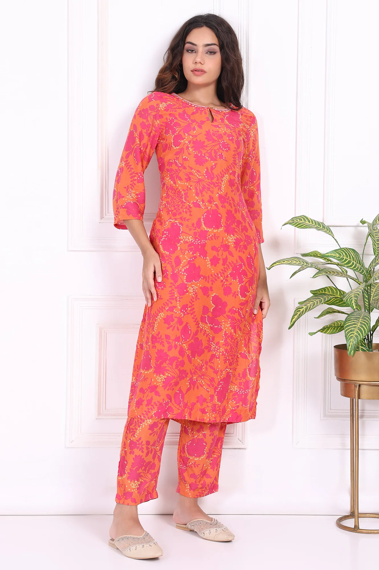 Orange Floral Printed Mirror work Modal Straight Kurta
