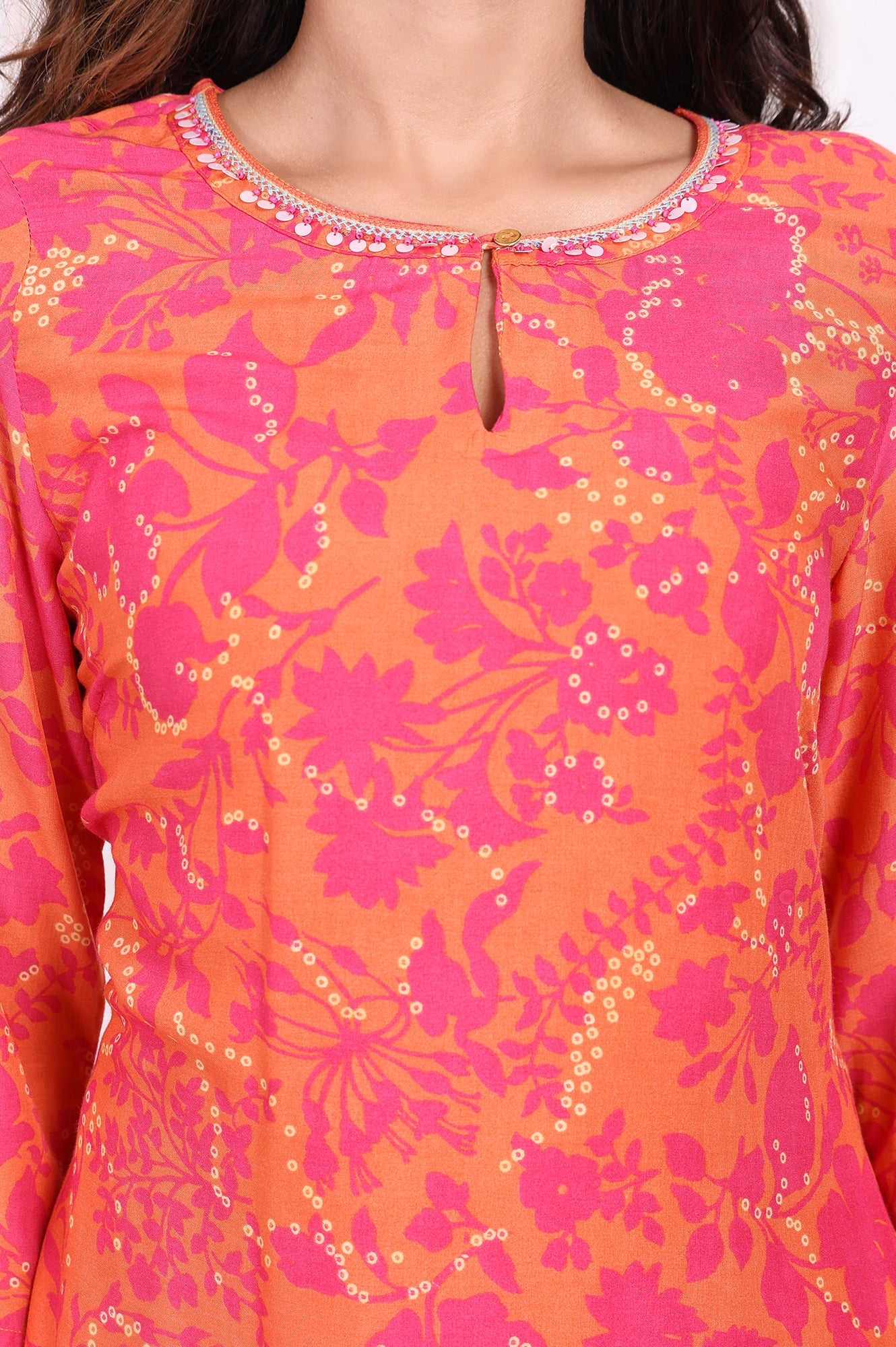 Orange Floral Printed Mirror work Modal Straight Kurta - Image 3