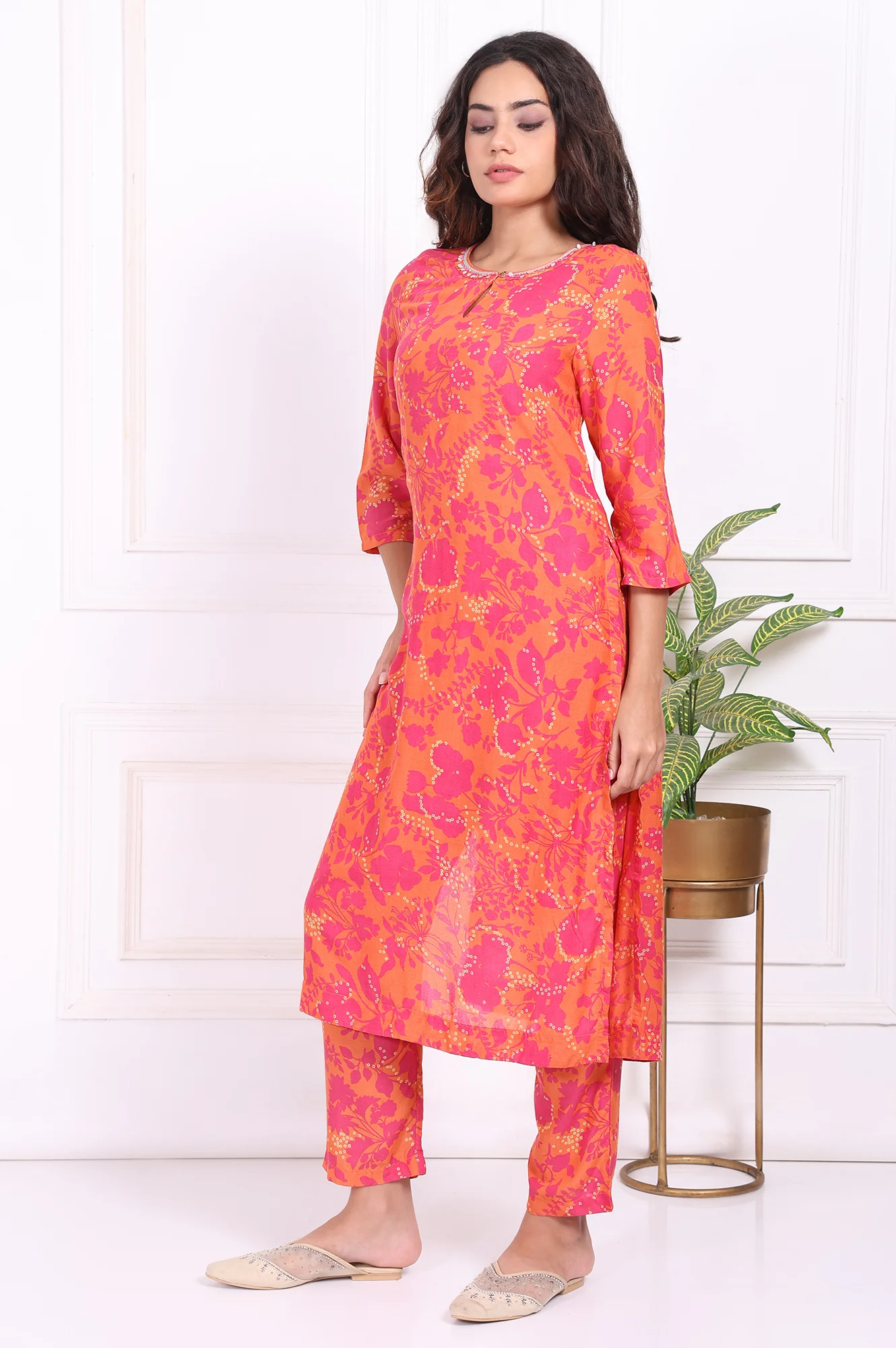 Orange Floral Printed Mirror work Modal Straight Kurta - Image 4