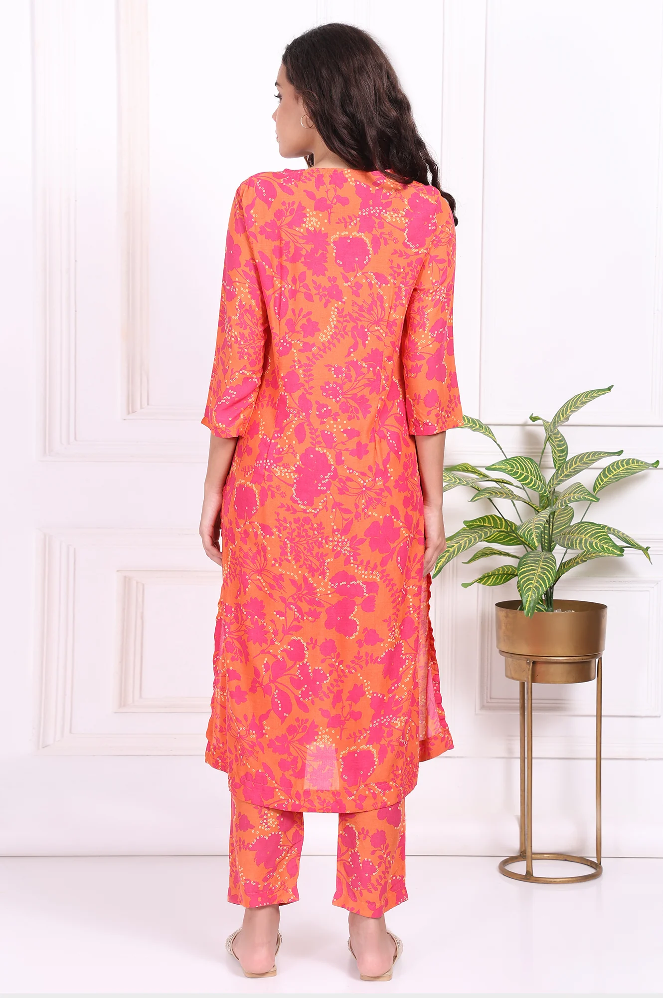 Orange Floral Printed Mirror work Modal Straight Kurta - Image 5