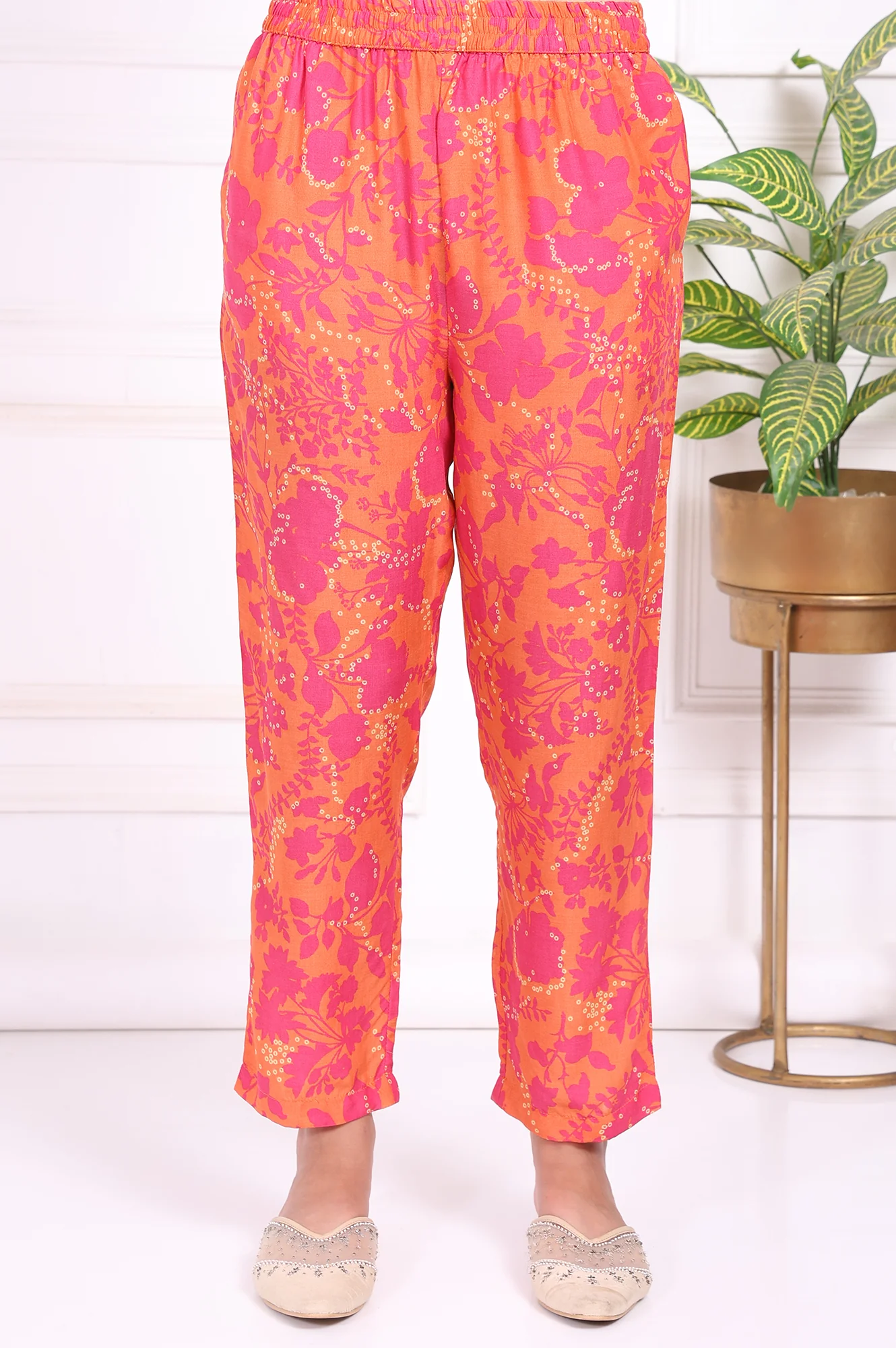 Orange Floral Printed Mirror work Modal Straight Kurta - Image 7