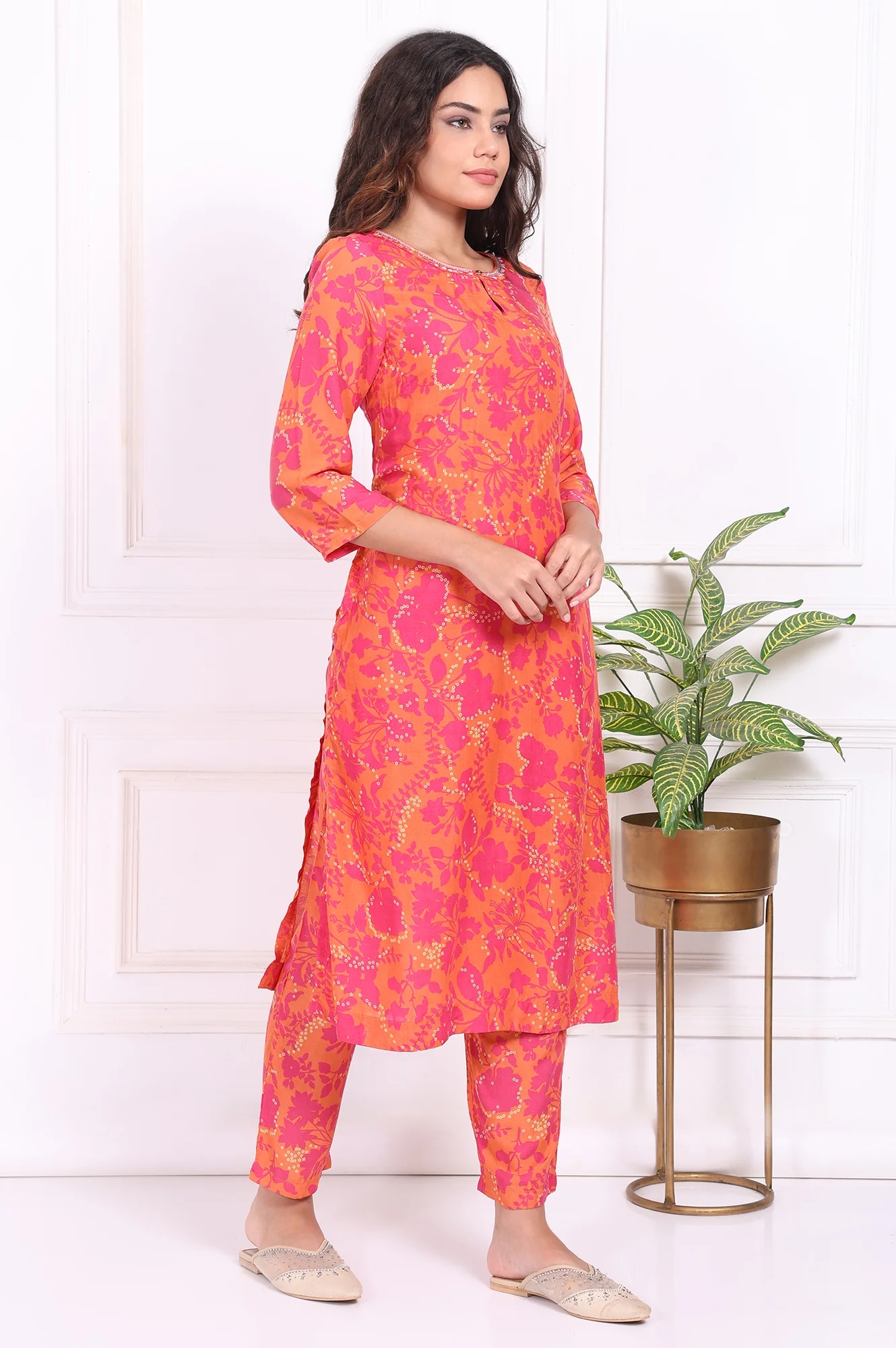 Orange Floral Printed Modal Mid Rise Ankle Length Straight Pants - Image 6