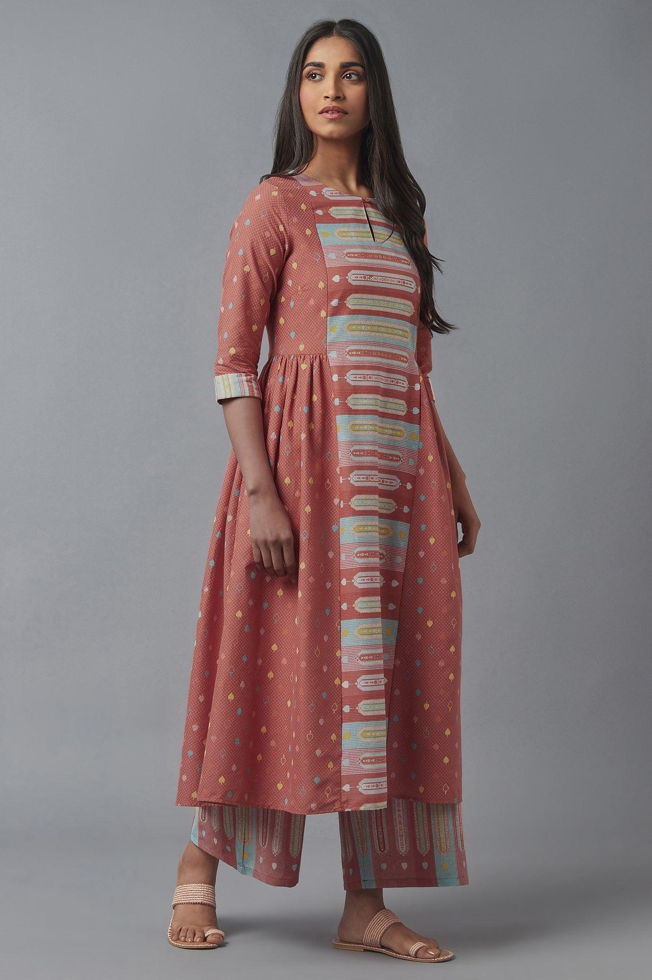 Orange Geometric Print kurta & Parallel Pants Set - Image 4