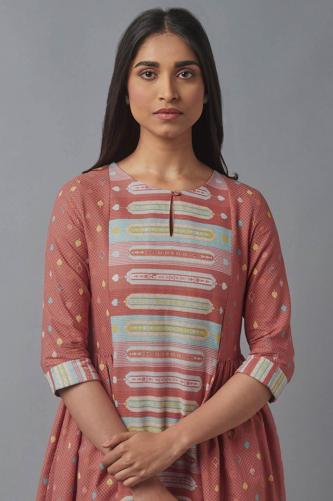 Orange Geometric Print kurta & Parallel Pants Set - Image 5