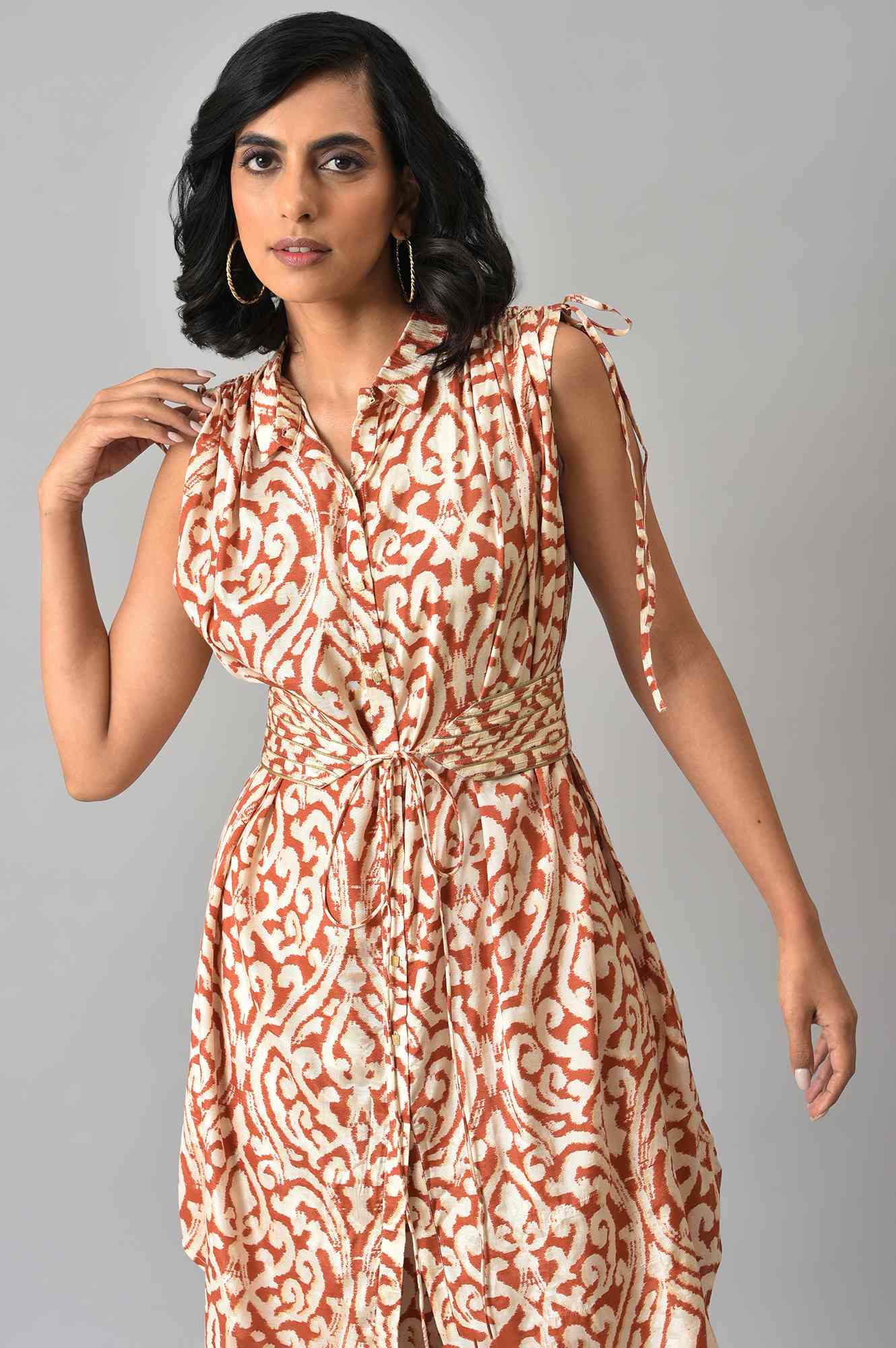 Orange Ikkat Printed Button Down kurta with Parallel Pants Co-ord Set - Image 5