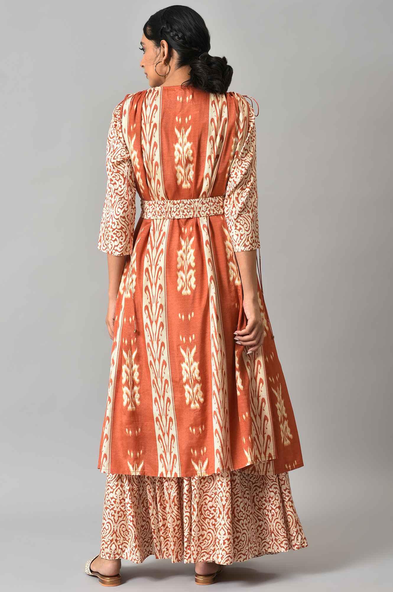 Orange Ikkat Printed Cape with Crop Top and Skirt Co-ord Set - Image 2