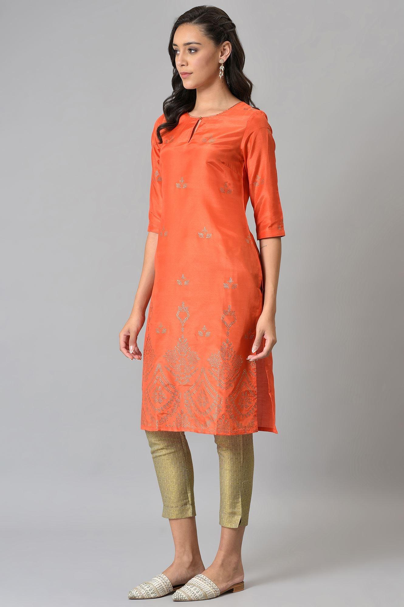 Orange Mukaish Printed kurta - Image 3