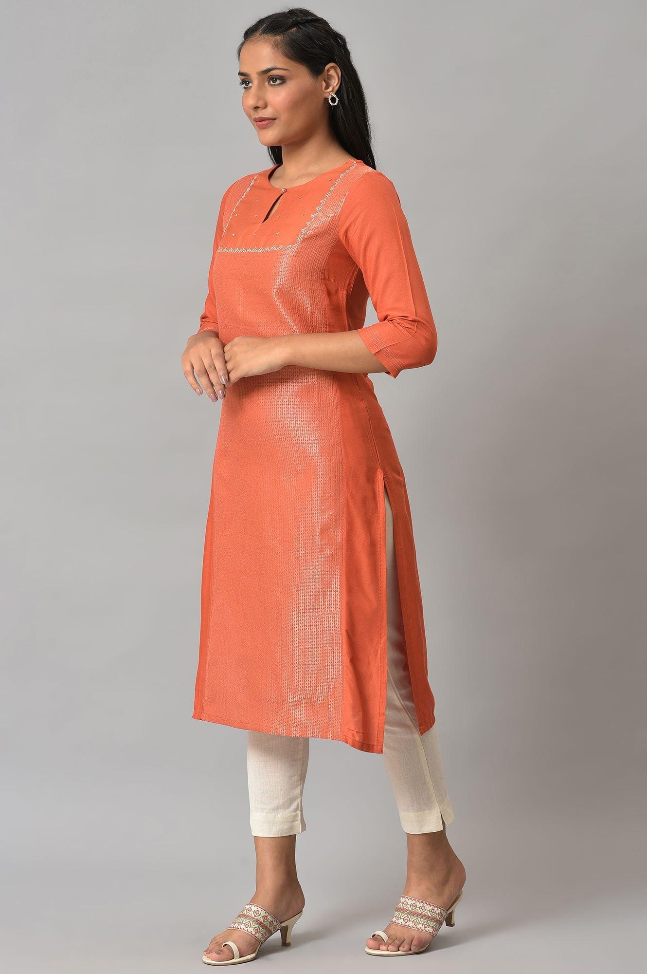 Orange Panelled Dobby Festive kurta - Image 3