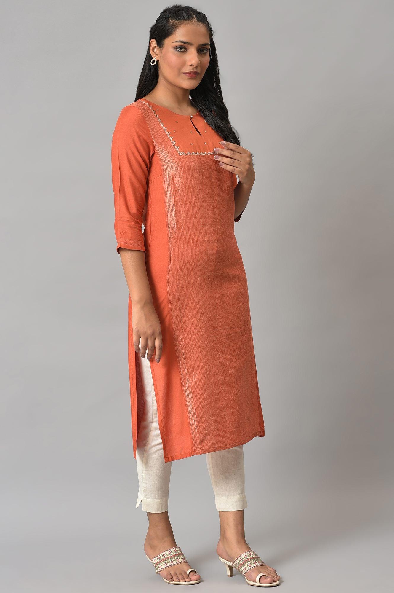 Orange Panelled Dobby Festive kurta - Image 4