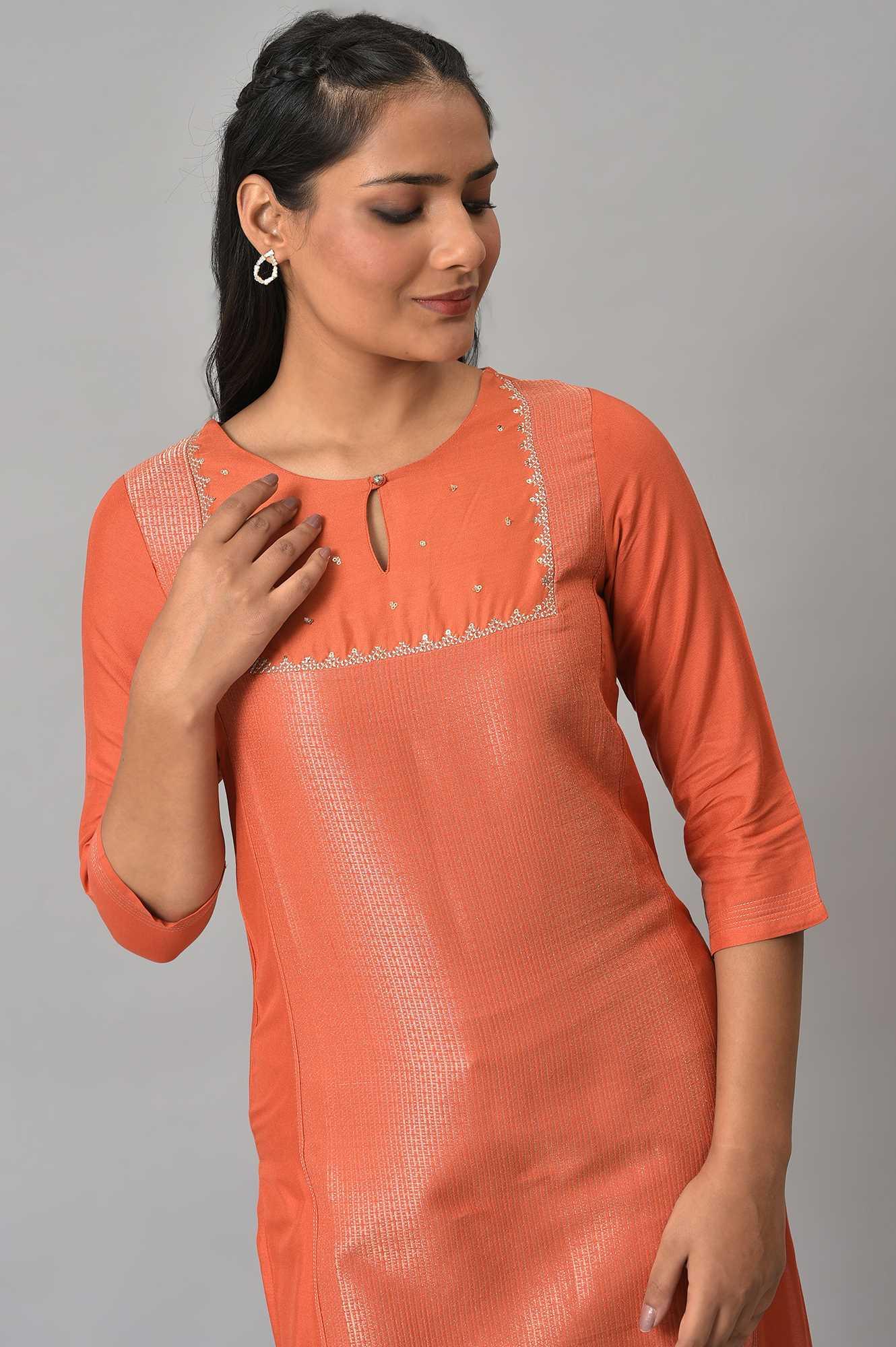 Orange Panelled Dobby Festive kurta - Image 5