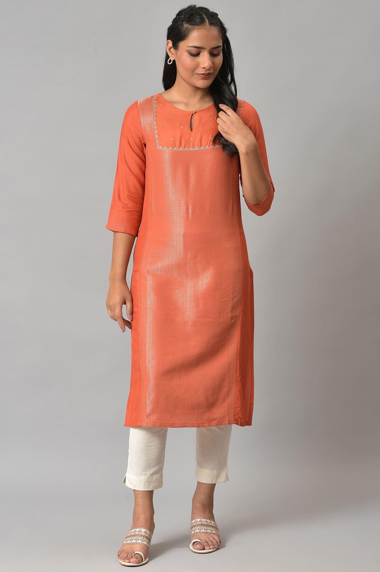 Orange Panelled Dobby Festive kurta - Image 6