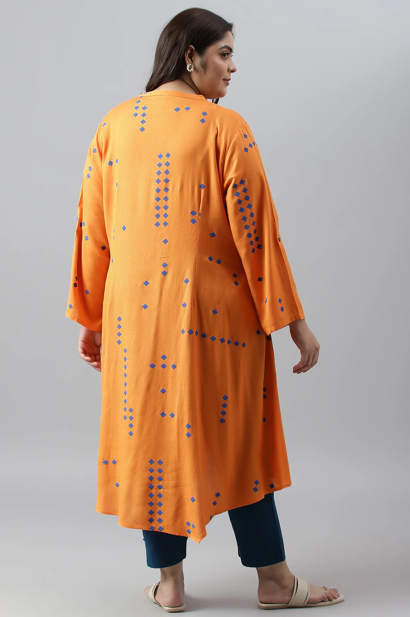 Orange Printed Asymmetrical Plus Size kurta - Image 2