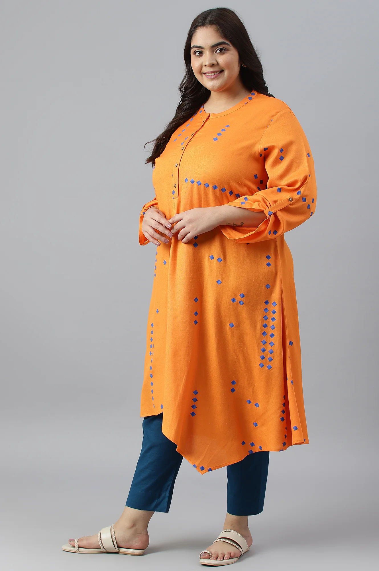 Orange Printed Asymmetrical Plus Size kurta - Image 3