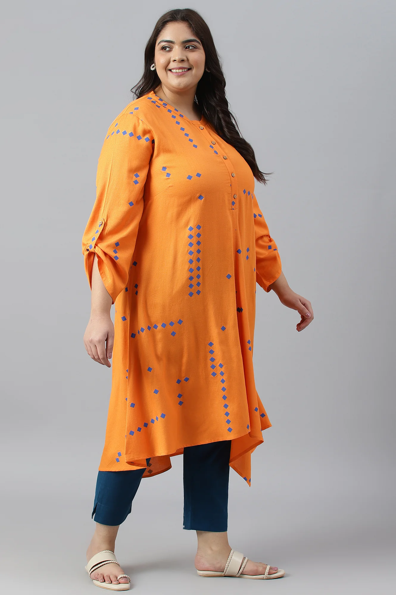 Orange Printed Asymmetrical Plus Size kurta - Image 4