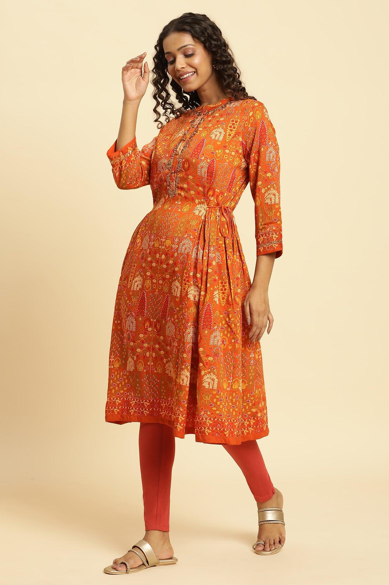 Orange Printed Festive A-Line Kurta - Image 3