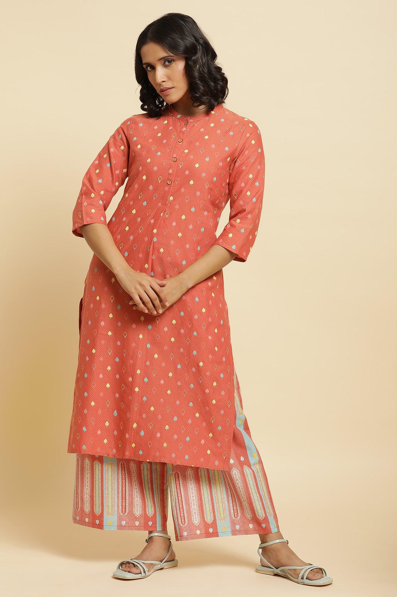 Orange Printed Kurta & Parallel Pants Set - Image 2