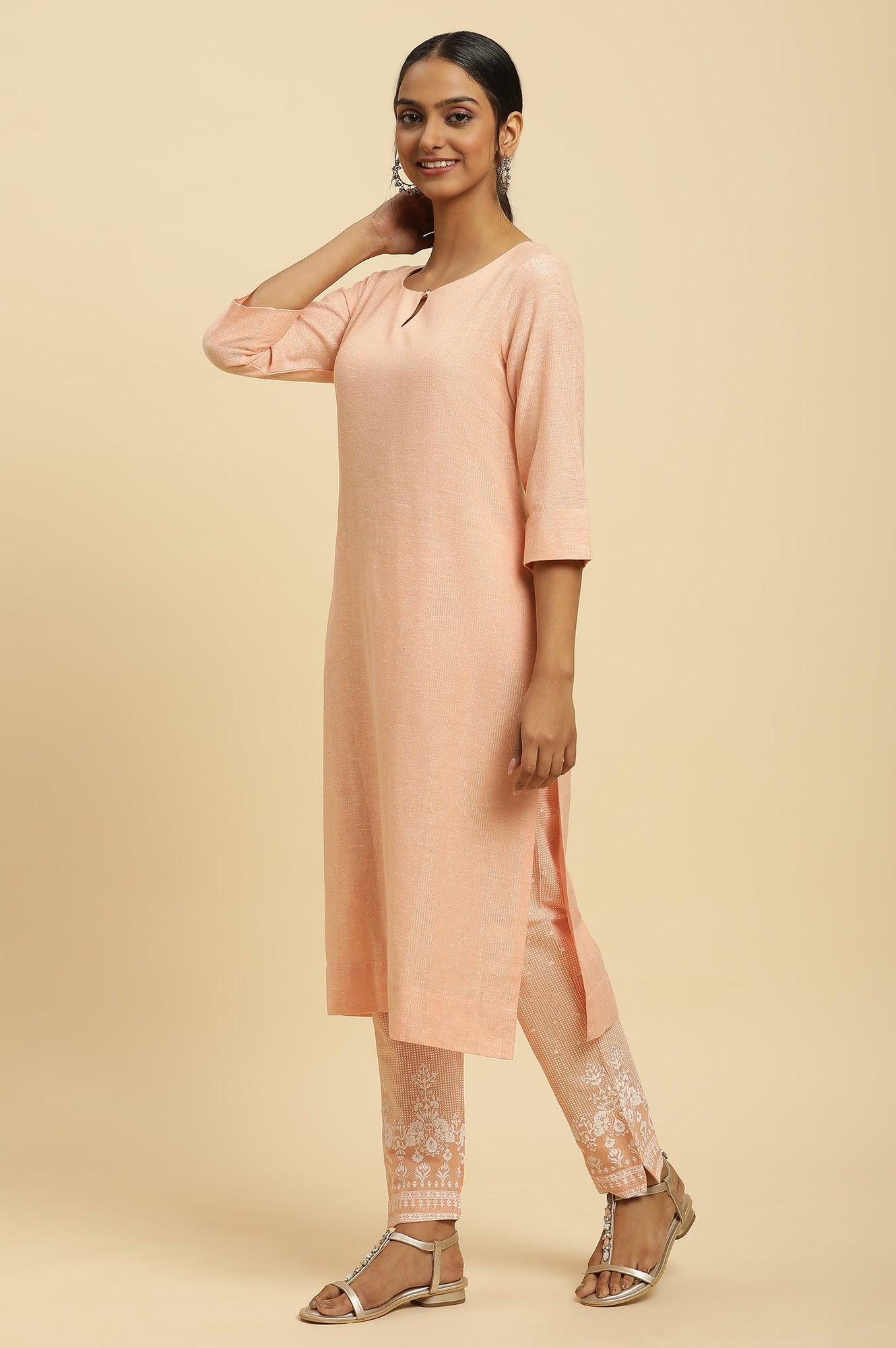 Orange Round Neck Kurta And Slim Pants Set - Image 2