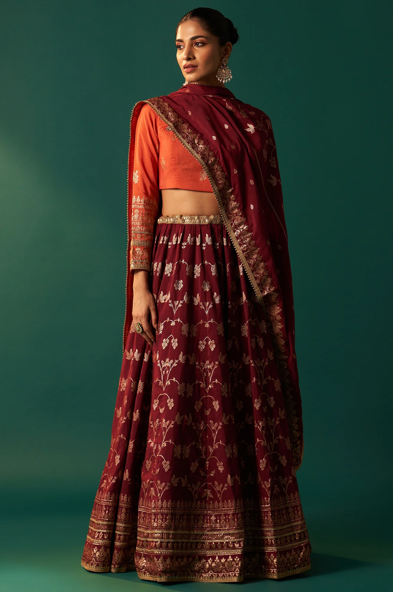 Orange Zari Embroidered Jacquard Blouse with Flared Maroon Skirt and Dupatta Set - Image 2