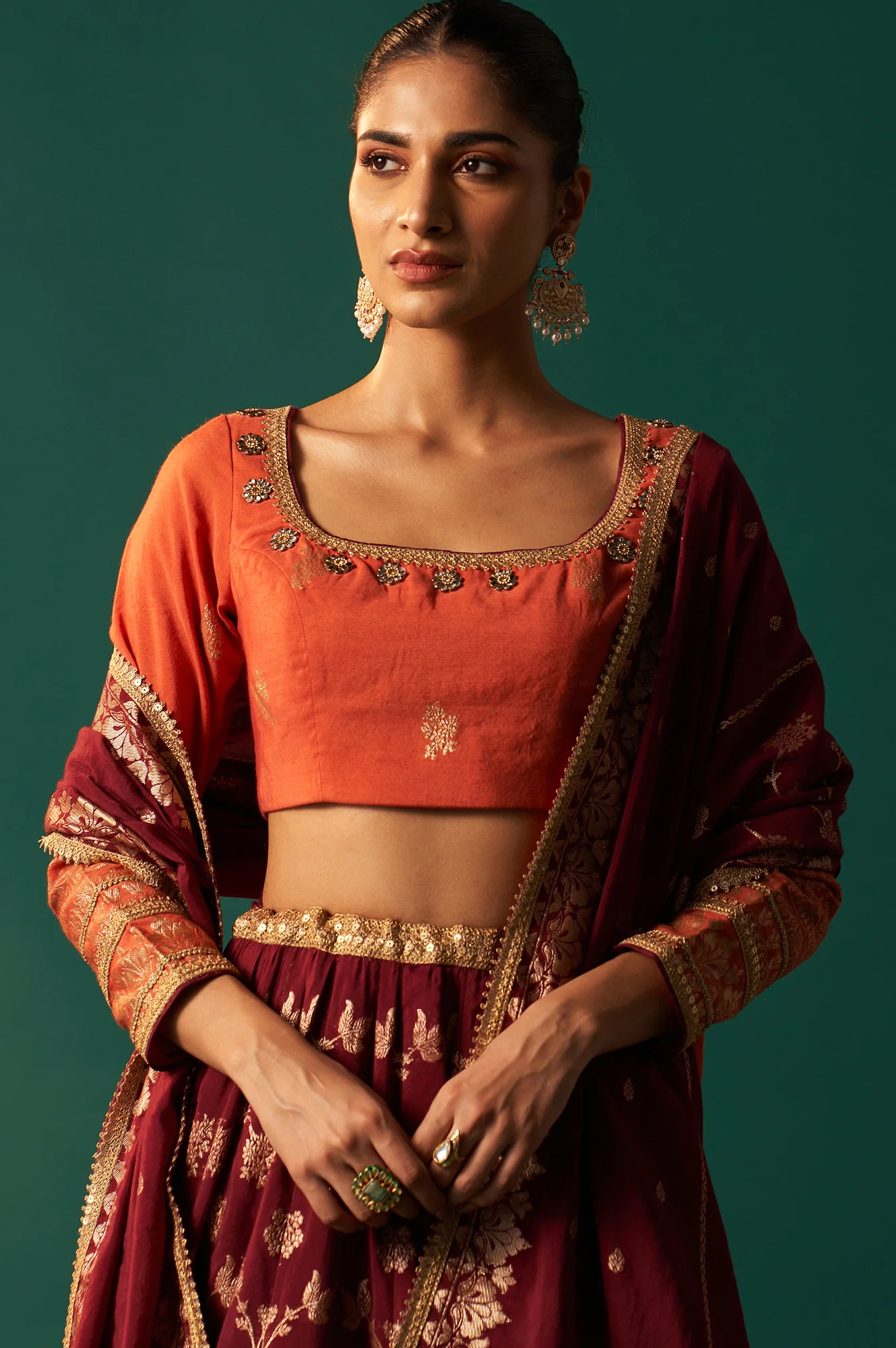 Orange Zari Embroidered Jacquard Blouse with Flared Maroon Skirt and Dupatta Set - Image 3