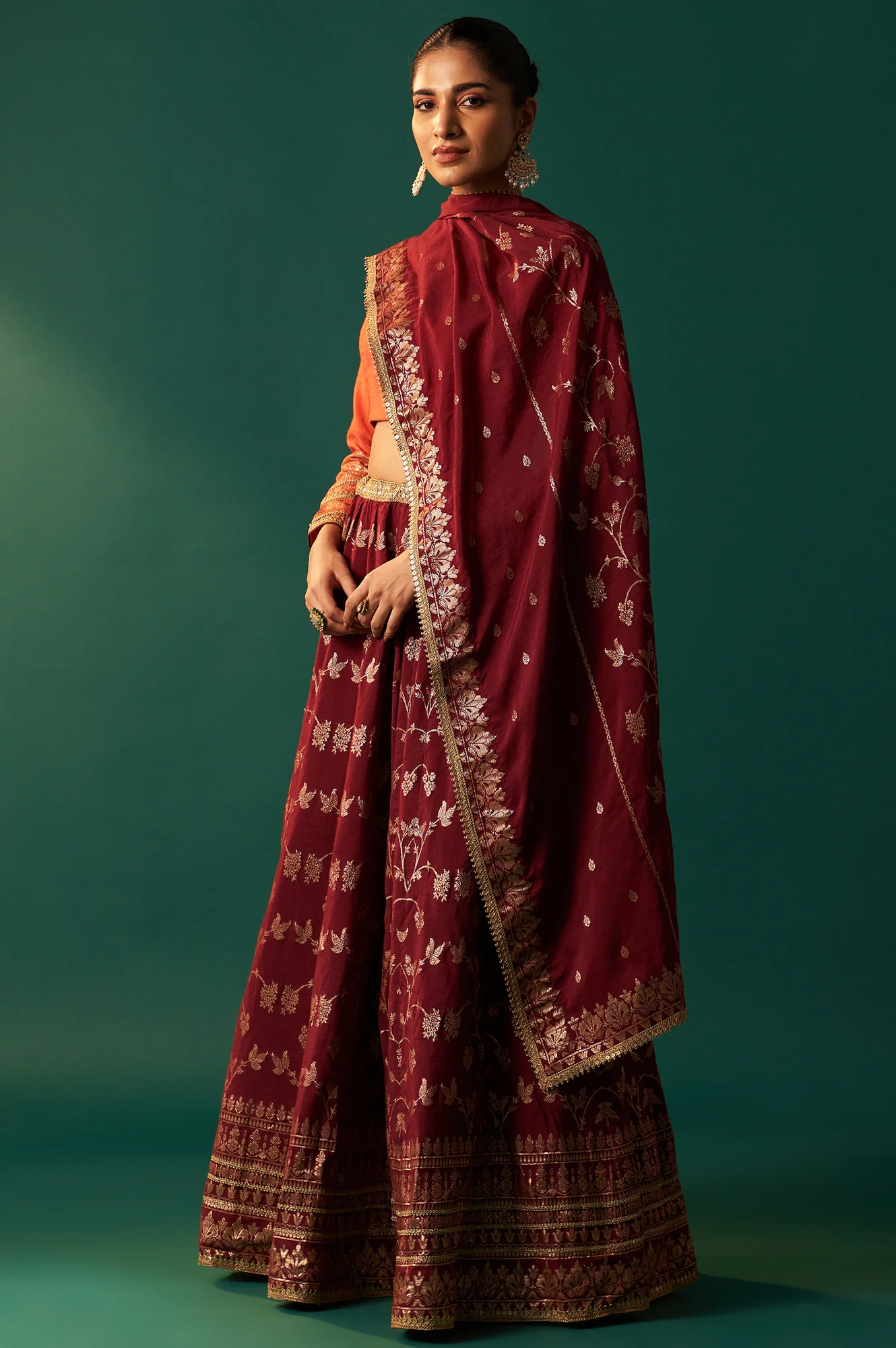Orange Zari Embroidered Jacquard Blouse with Flared Maroon Skirt and Dupatta Set - Image 4