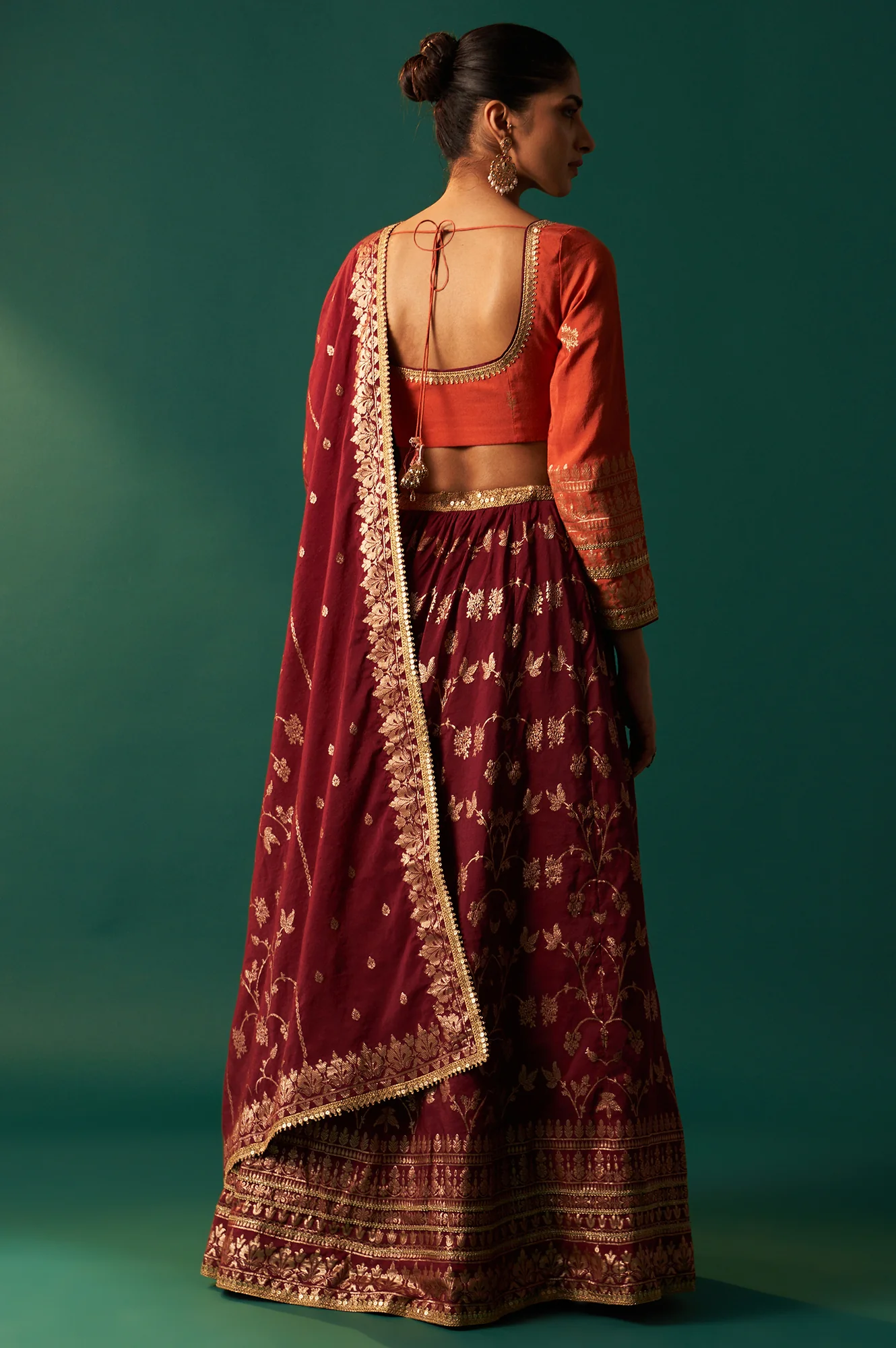 Orange Zari Embroidered Jacquard Blouse with Flared Maroon Skirt and Dupatta Set - Image 5