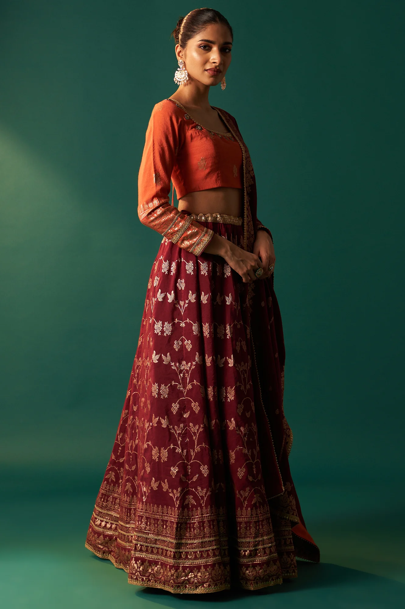 Orange Zari Embroidered Jacquard Blouse with Flared Maroon Skirt and Dupatta Set - Image 6