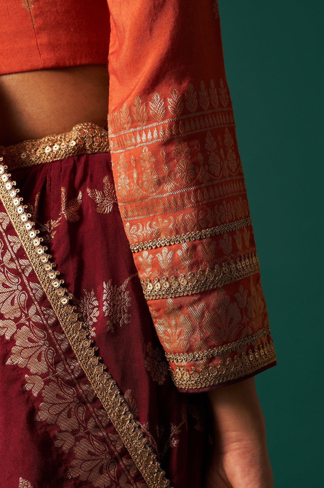 Orange Zari Embroidered Jacquard Blouse with Flared Maroon Skirt and Dupatta Set - Image 7