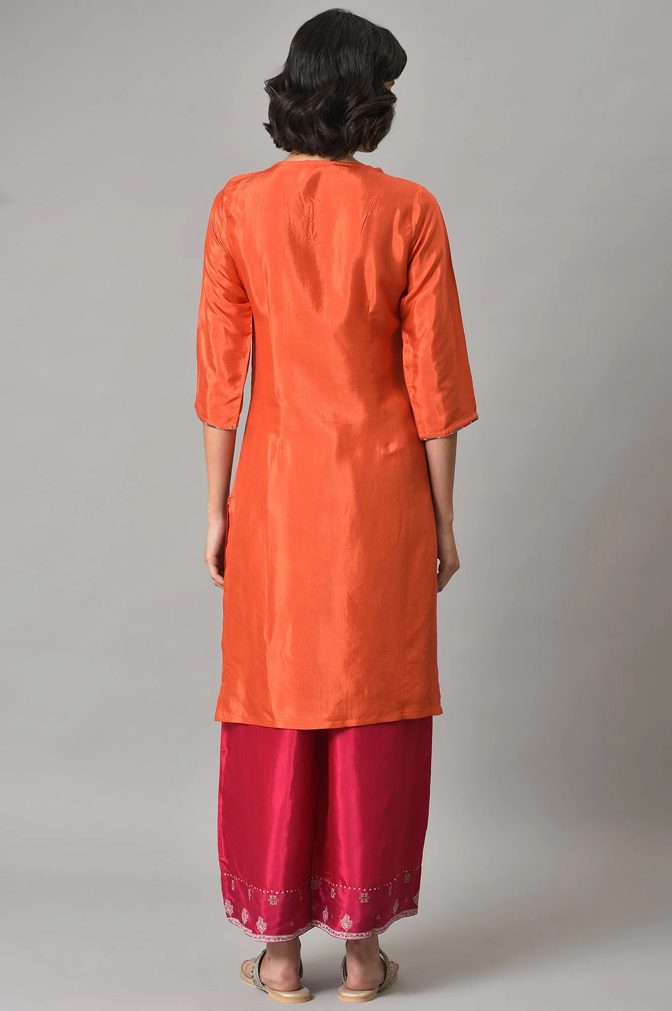 Orange Shantung kurta With Multicoloured Embroidery - Image 2