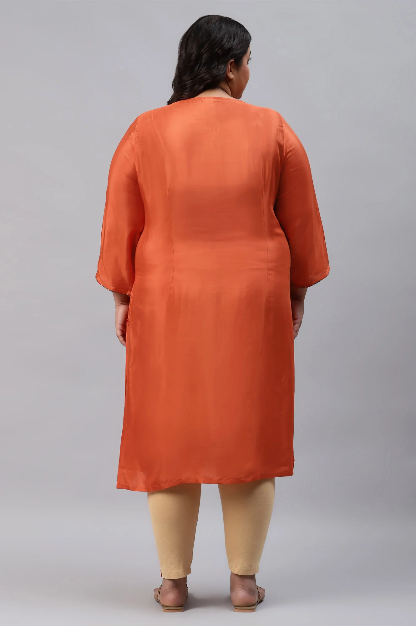 Orange Shantung Plus Size kurta With Multicoloured Embroidery - Image 2