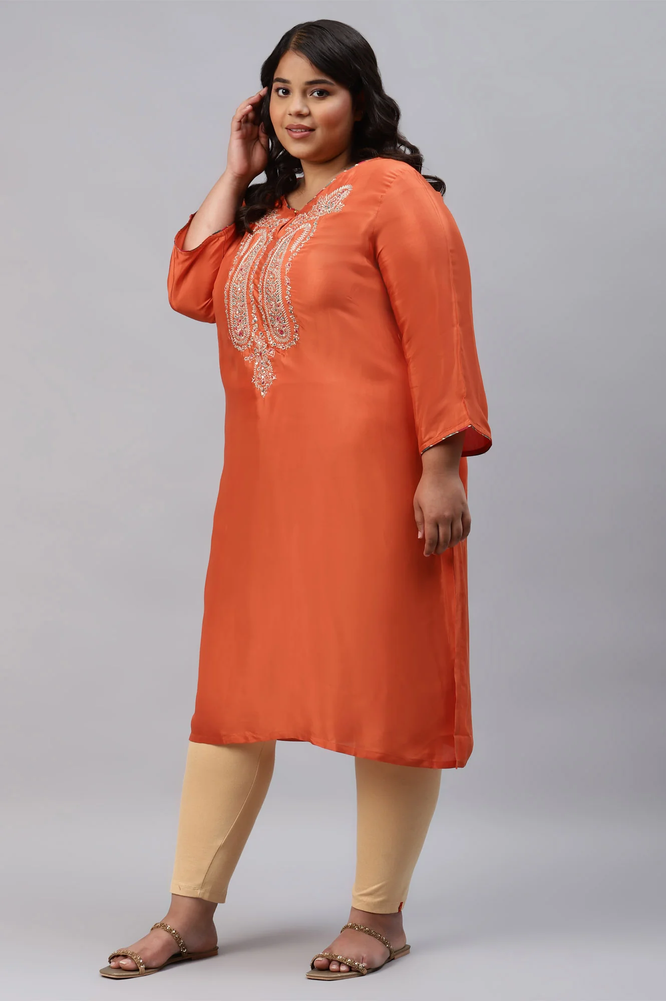 Orange Shantung Plus Size kurta With Multicoloured Embroidery - Image 3