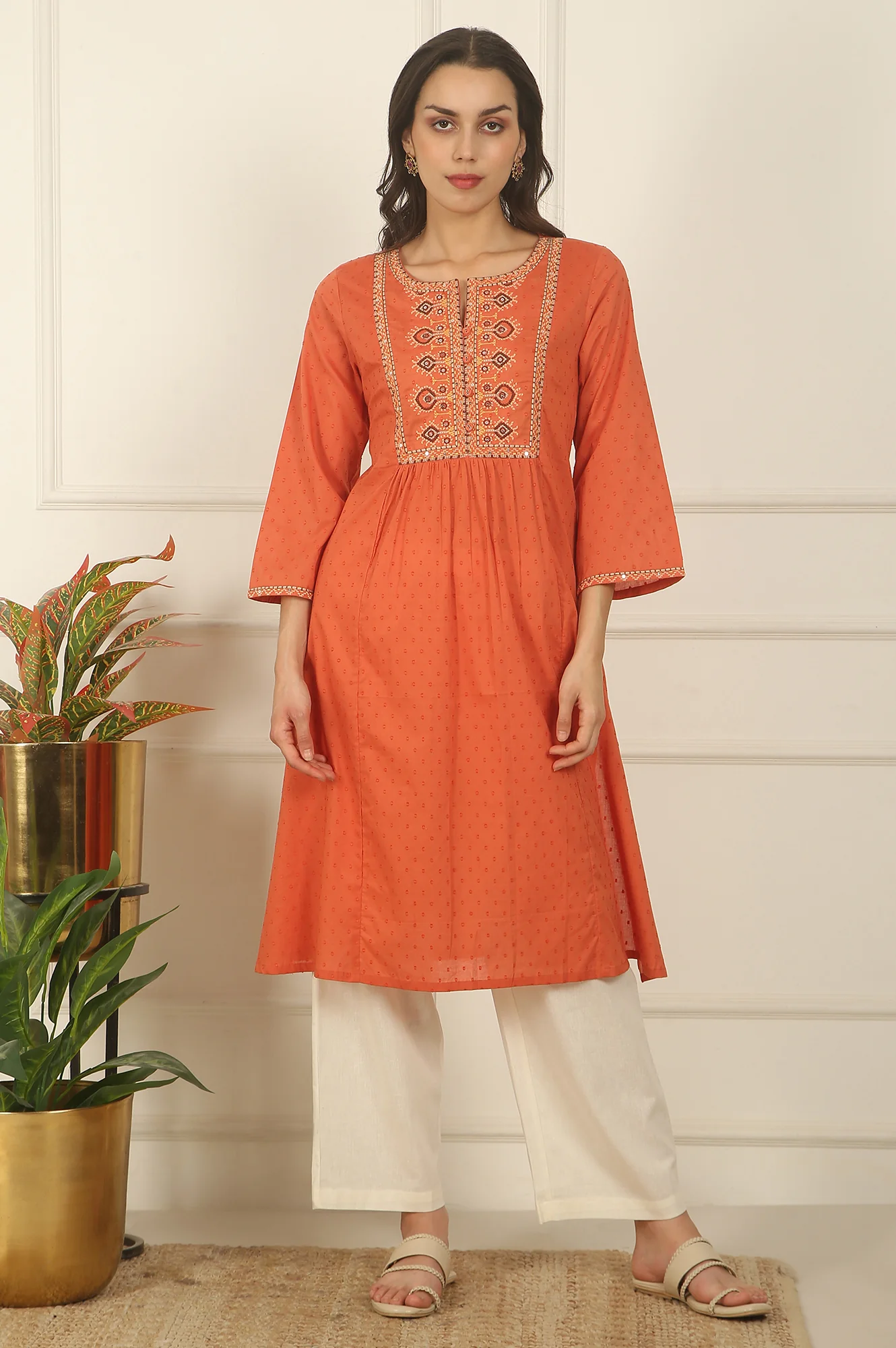 Orange Thread Embroidered Swiss Dot Cotton Flared Kurta - Image 2