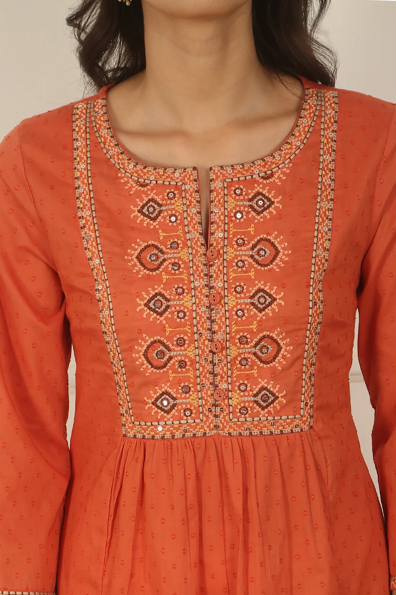 Orange Thread Embroidered Swiss Dot Cotton Flared Kurta - Image 3