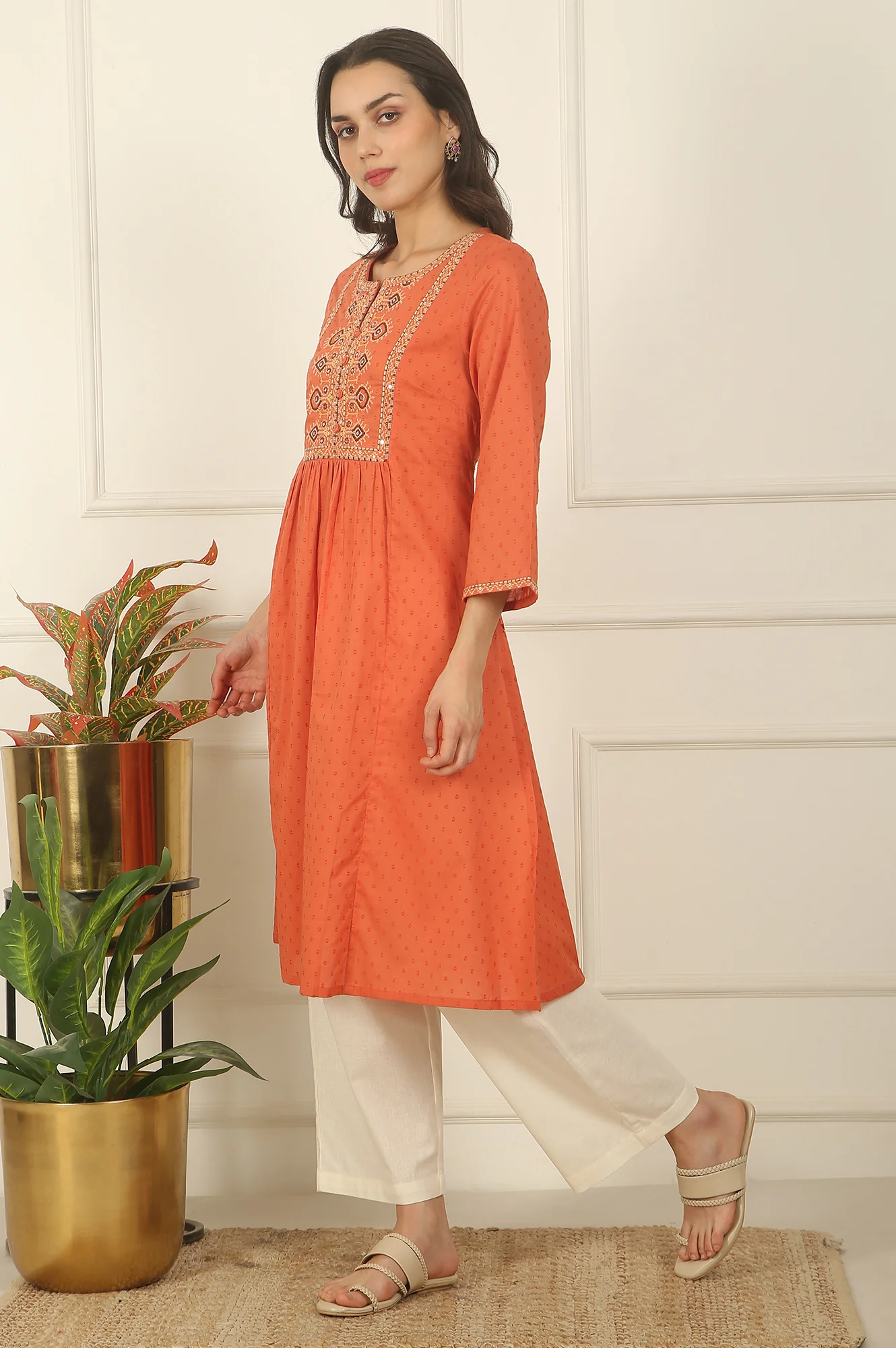 Orange Thread Embroidered Swiss Dot Cotton Flared Kurta - Image 4