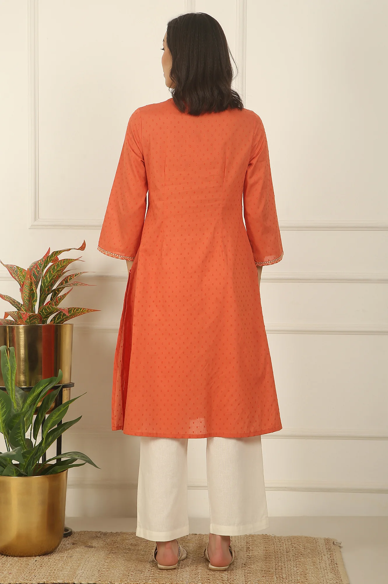 Orange Thread Embroidered Swiss Dot Cotton Flared Kurta - Image 5