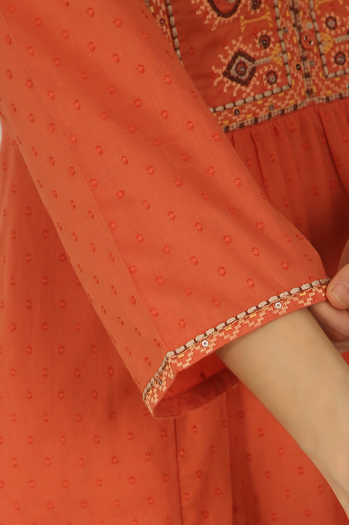 Orange Thread Embroidered Swiss Dot Cotton Flared Kurta - Image 7