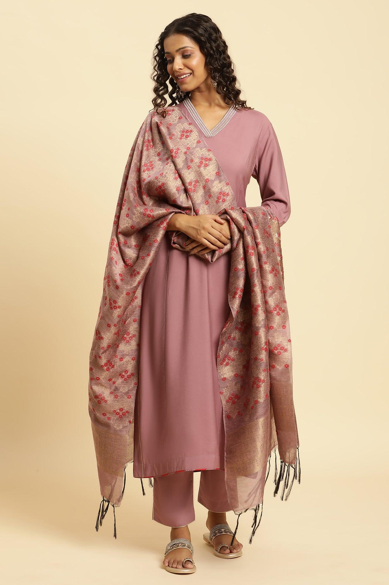 Orchid Pink Embellished Kurta, Pants And Jacquard Dupatta Set - Image 3