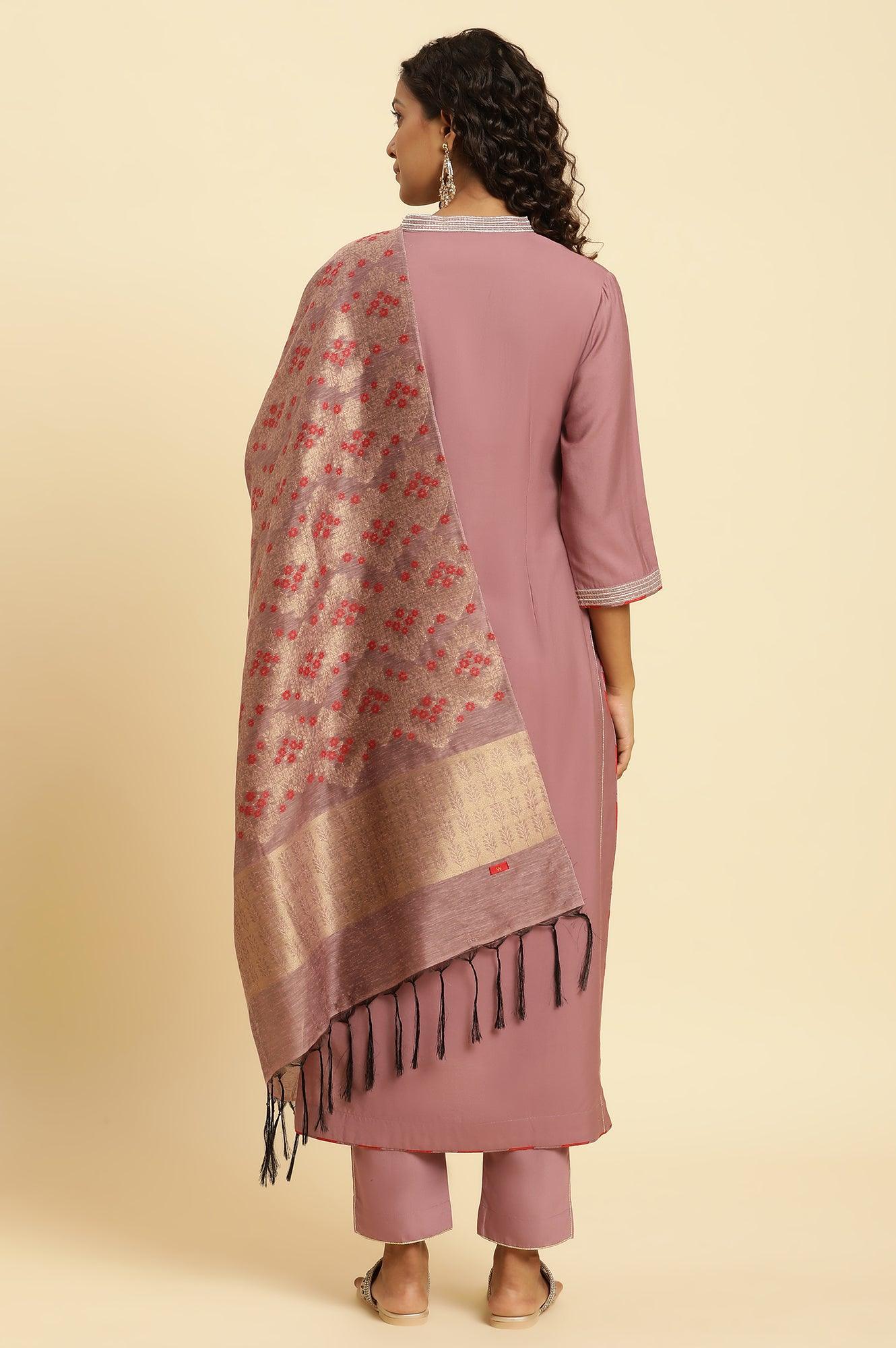 Orchid Pink Embellished Kurta, Pants And Jacquard Dupatta Set - Image 5