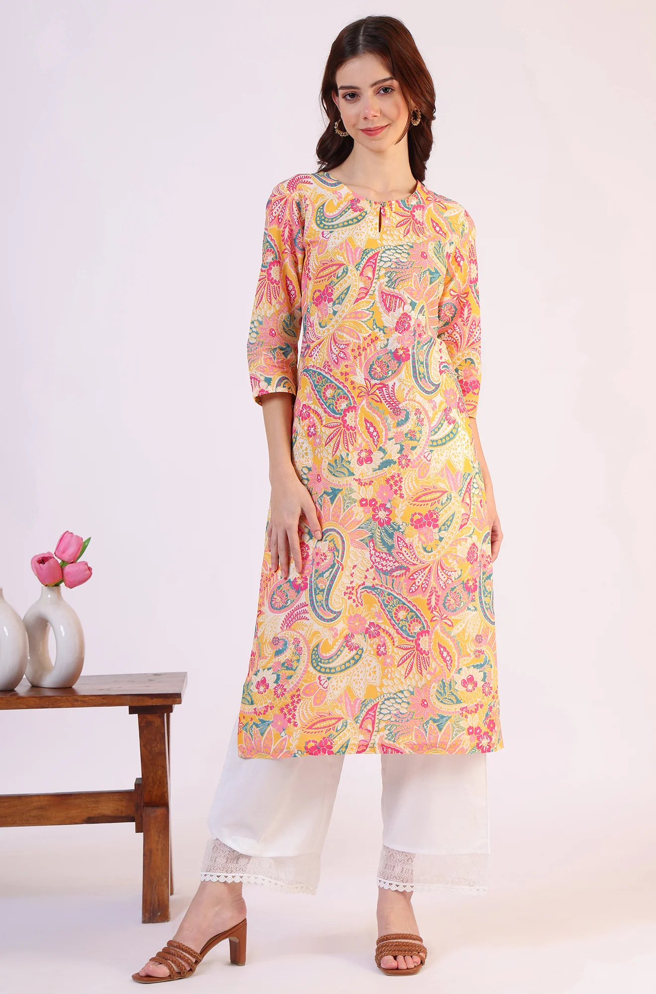 Multicolor Paisley Printed Straight Pure Cotton Kurta - Image 3