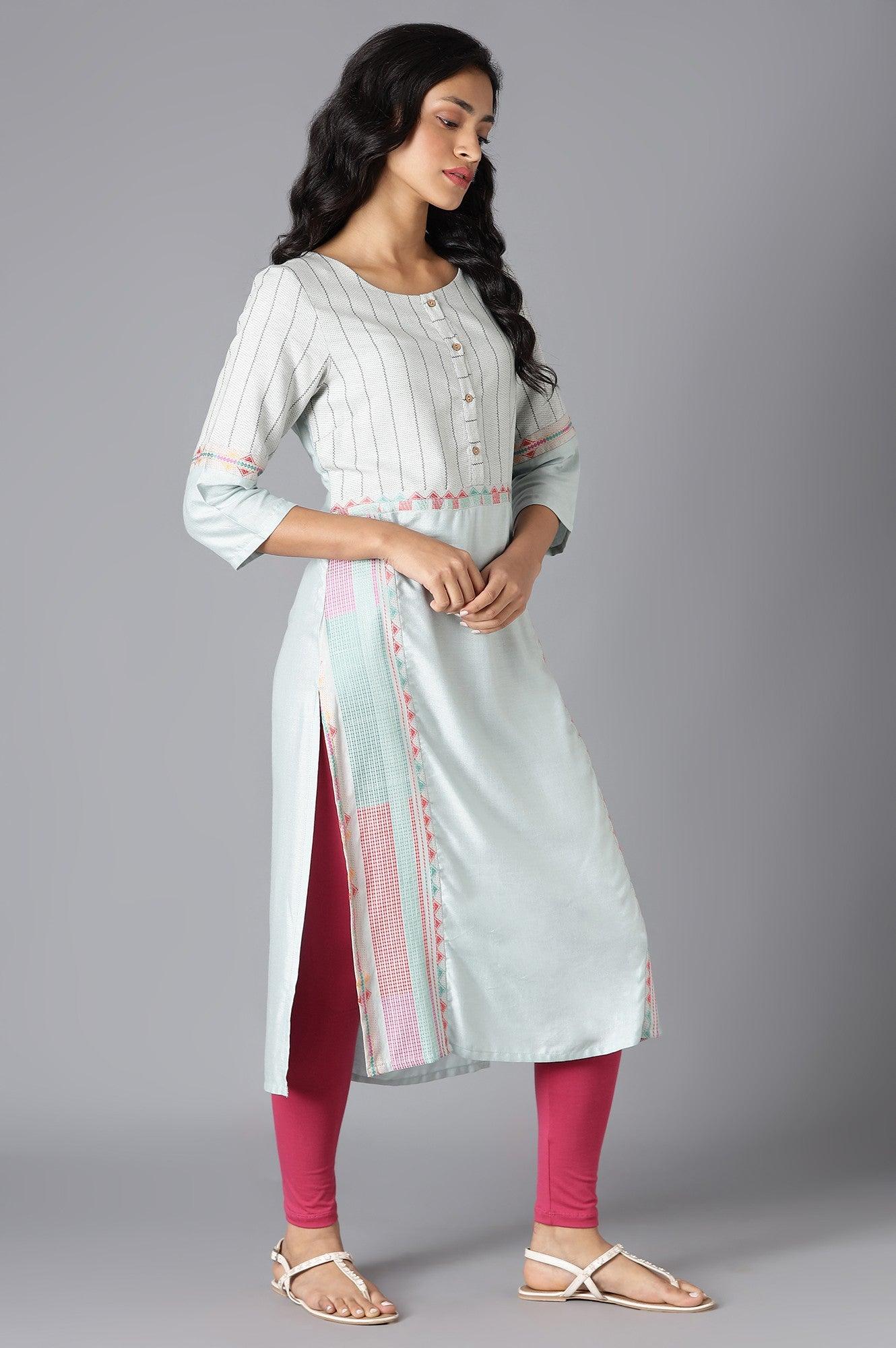 Pale Blue Cotton Dobby kurta In Round Neck - Image 4