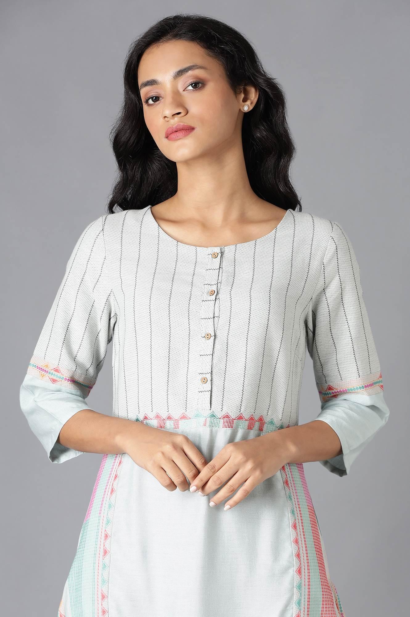 Pale Blue Cotton Dobby kurta In Round Neck - Image 5